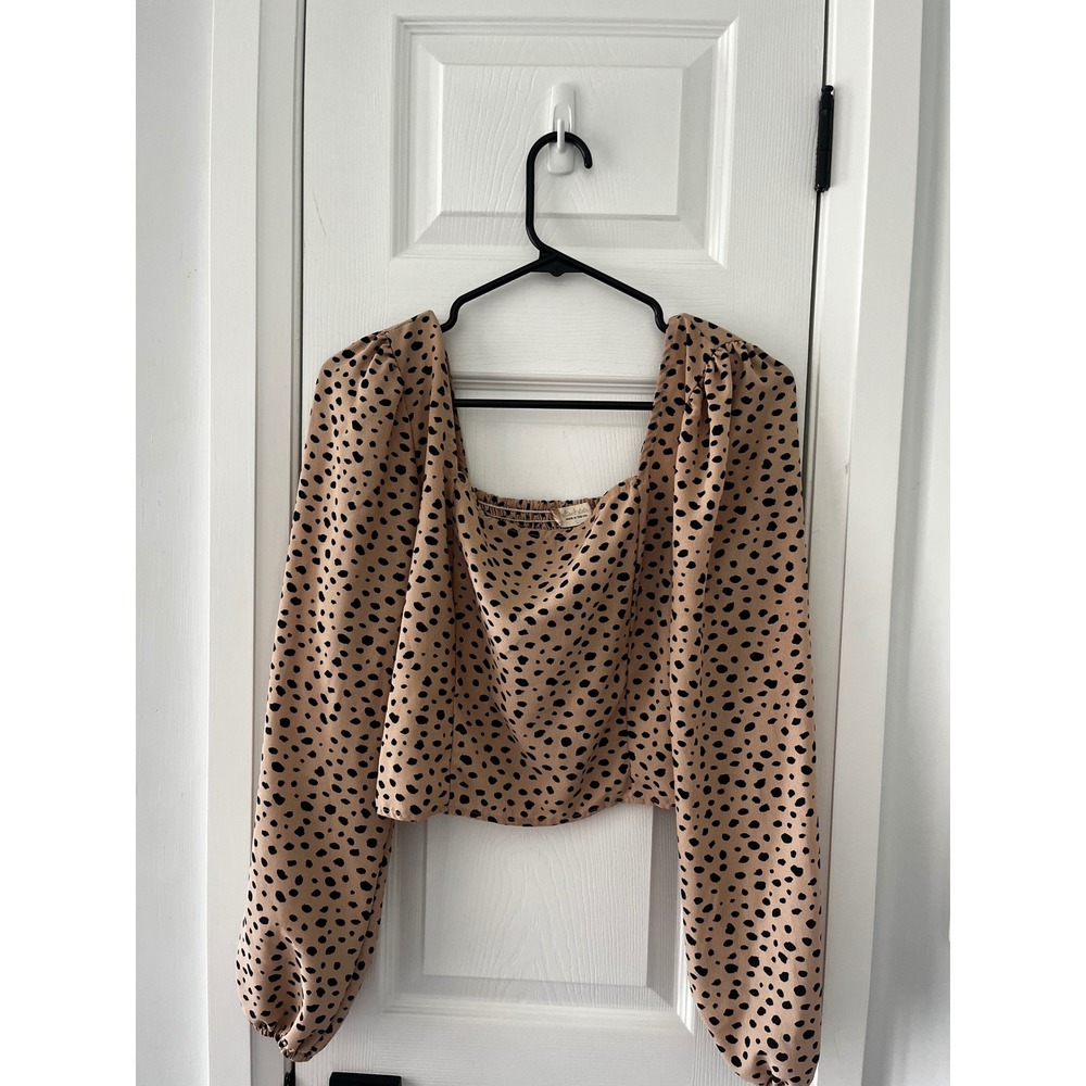 Tan Black Dalmation Spot‎ Print Square Neck Smocked Crop Top Long Sleeve Large
